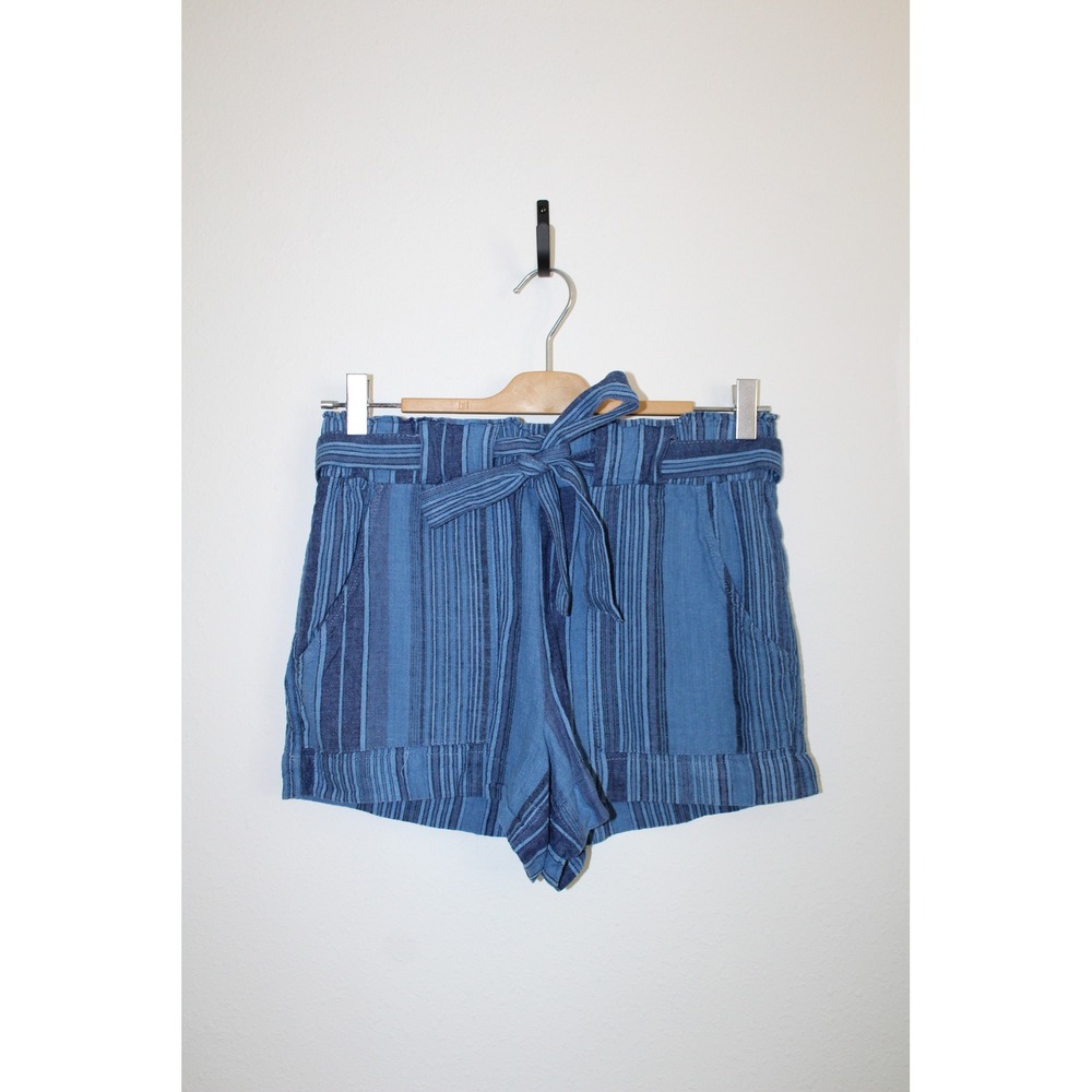 Indigo Rein Blue Striped Paperbag Waist Shorts High Rise Tie Belt Women's Medium